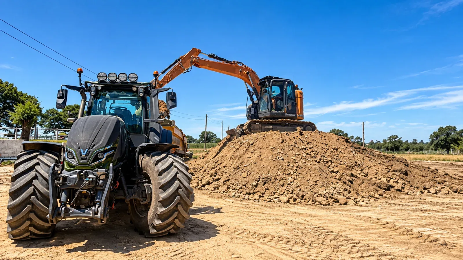 Tracteur et pelle sur un chantier de terrassement